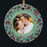 Married and Merry Sage Christmas Wreath Newlyweds Ceramic Ornament<br><div class="desc">Romantic ornament for married couple features beautiful Christmas wreath and a sage green background. Personalize the template with your photograph,  names or custom text. You can change the background color if you like,  just click on "Edit using design tool".</div>