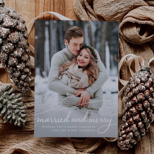 married and merry Stylish Swirl Wedding Photo Holiday Card (Creator Uploaded)