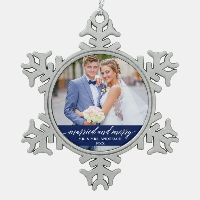 Married and Merry Wedding Calligraphy Blue Snowflake Pewter Christmas Ornament (Front)