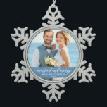 Married and Merry Wedding Calligraphy Light Blue Snowflake Pewter Christmas Ornament<br><div class="desc">Married and Merry Elegant Calligraphy Script Wedding Photo Blue Snowflake Pewter Christmas Ornament</div>