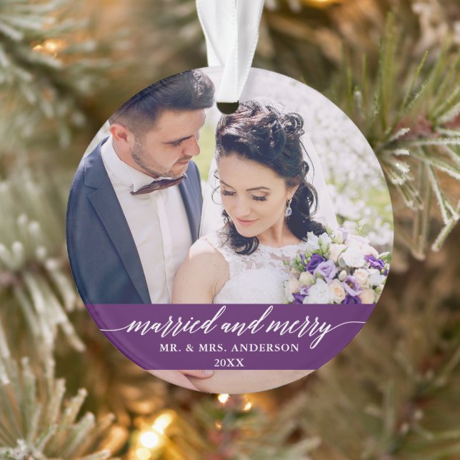 Married and Merry Wedding Calligraphy Purple Ornament (Tree)