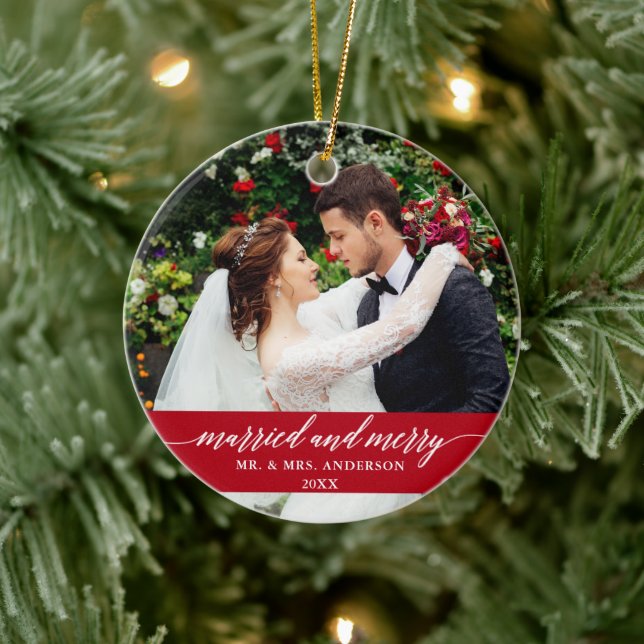 Married and Merry Wedding Calligraphy Red Ceramic Ornament (Tree)
