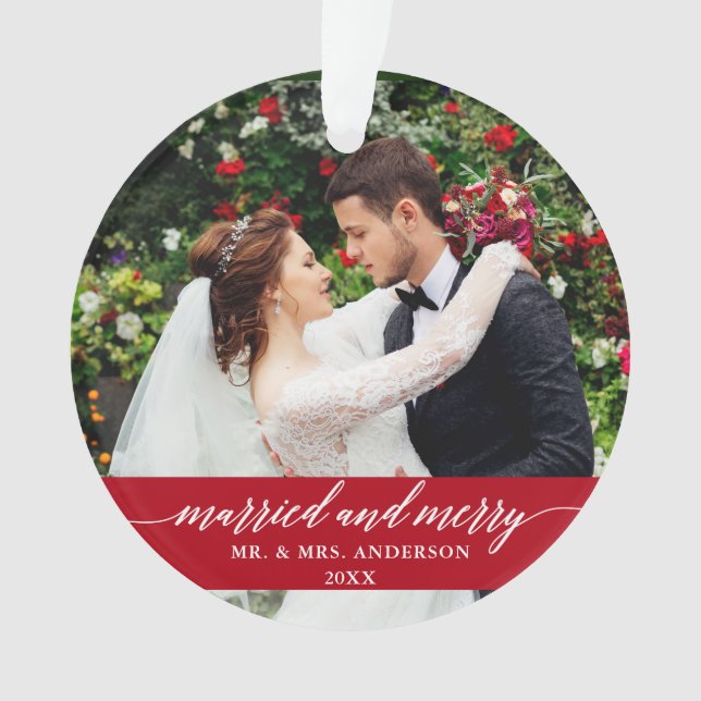 Married and Merry Wedding Calligraphy Red Ornament (Front)