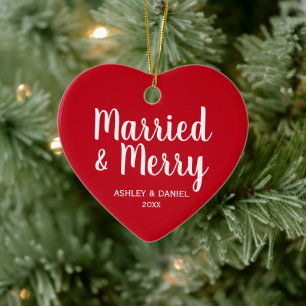 Married and Merry Wedding Christmas Heart R&W Ceramic Ornament