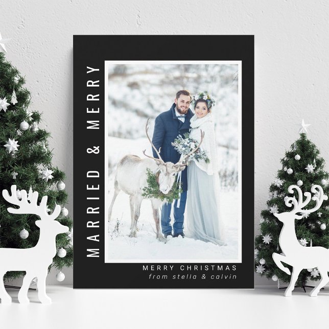 Married and Merry Wedding Photo Black Holiday Card (Creator Uploaded)