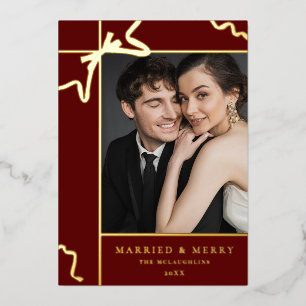 Married and Merry wedding Photo Christmas Foil Holiday Card
