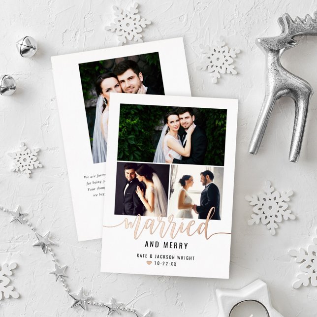 Married and Merry Wedding Photo Collage Rose Gold Foil Holiday Card (Creator Uploaded)