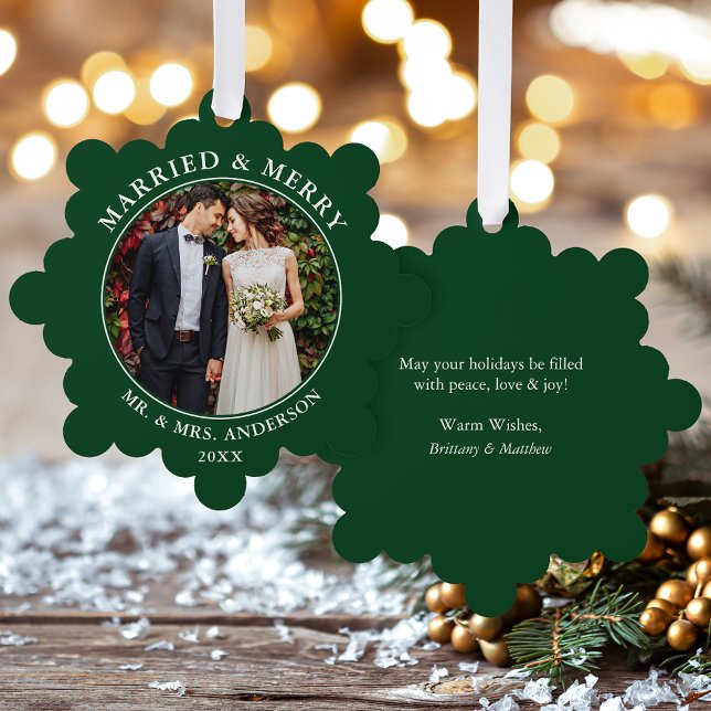 Married and Merry Wedding Photo Green Tree Decoration Card (A greeting card that is also an ornament! Customize with your photo and personalized text.)