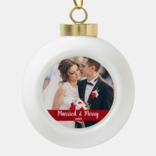 Married and Merry Wedding Photo Red Ceramic Ball Christmas Ornament