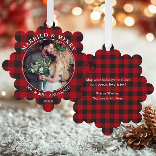 Married and Merry Wedding Photo Red Plaid Tree Decoration Card