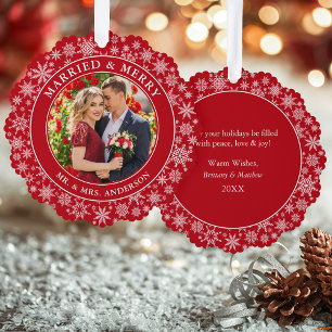 Married and Merry Wedding Photo Snowflakes Red Tree Decoration Card