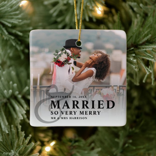 Married And So Very Merry Wedding Photo Newlywed Ceramic Ornament (Tree)