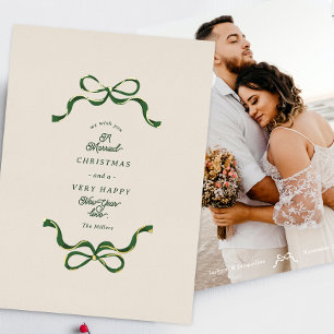 Married Bows Cream & Green Real Gold Photo Foil Holiday Card