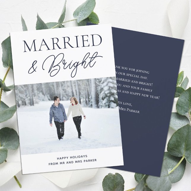 Married Bright Blue Script Modern Photo Christmas Holiday Card (Creator Uploaded)