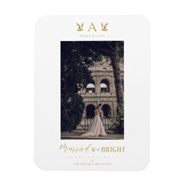 Married & Bright Christmas Initial Newlyweds Photo Magnet (Vertical)