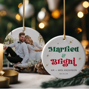 Married & Bright Christmas Ornament Photo Newlywed