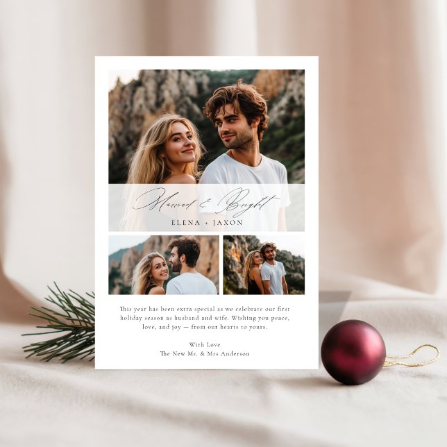 Married & Bright Elegant 3 Photo Newlywed Holiday Card (Creator Uploaded)
