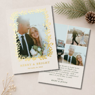 Married & Bright Elegant Bows Wedding 4 Photo Gold Foil Holiday Card