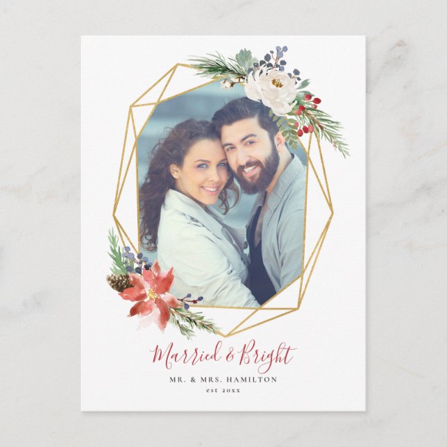 Married & Bright Geometric Floral Photo Christmas Postcard (Front)