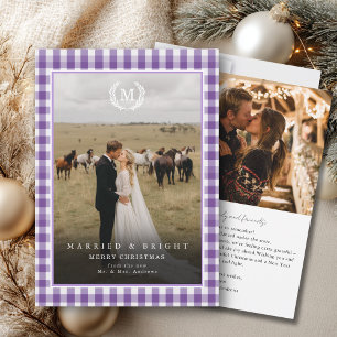 "Married & Bright" Gingham Monogram Crest 2 Photo Thank You Card