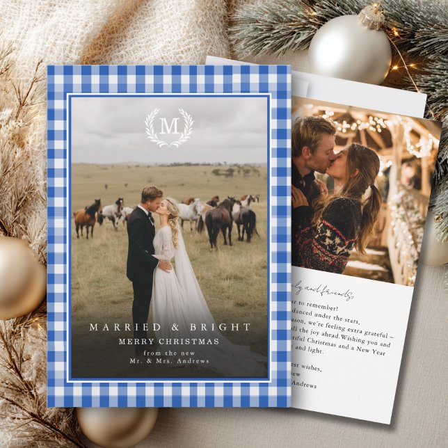 "Married & Bright" Gingham Monogram Crest 2 Photo Thank You Card ("Married & Bright" Gingham Monogram Crest 2 Photo Thank You Card)