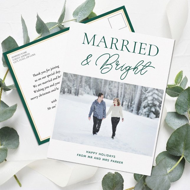Married Bright Green Script Modern Photo Christmas Holiday Postcard (Creator Uploaded)