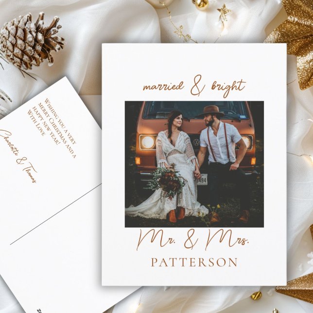 Married & Bright Kundenspezifische Foto Holiday Po (Customer specific, white, minimal, modern, "Married & Bright" Photo Card, script, brown font.)