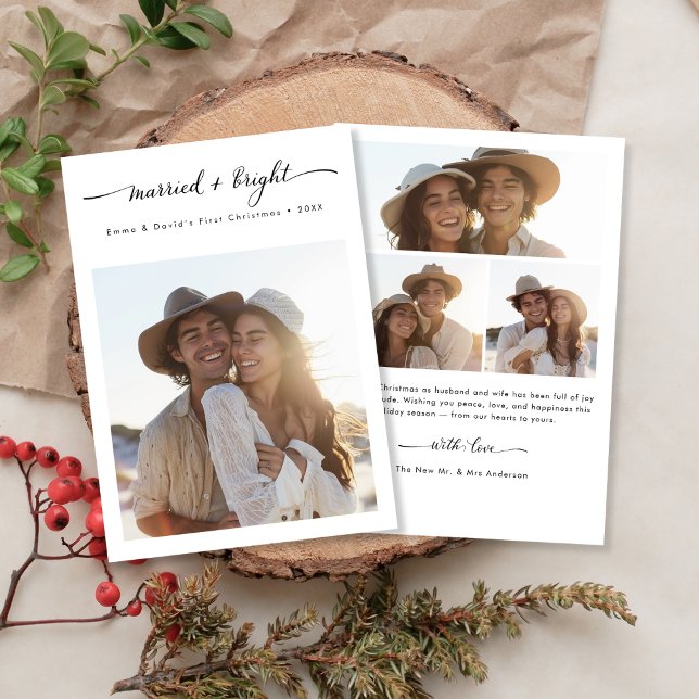 Married + Bright Modern Christmas 3 Photo Newlywed Holiday Card (Creator Uploaded)