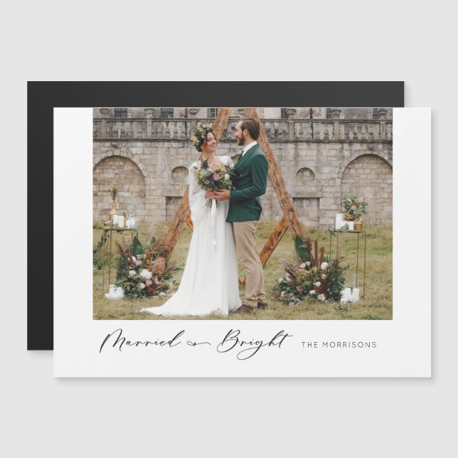 Married & Bright Modern Minimal Photo Magnet Card  (Front/Back)