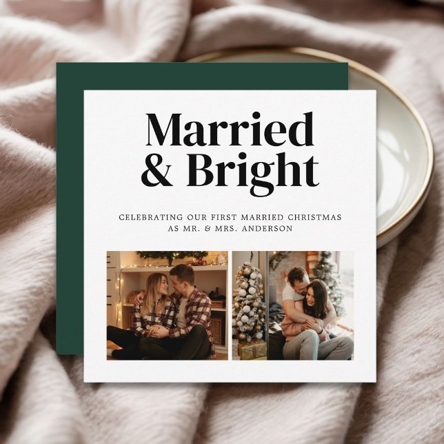 Married & Bright Nelwywed First Christmas 2 Photo Holiday Card (Creator Uploaded)