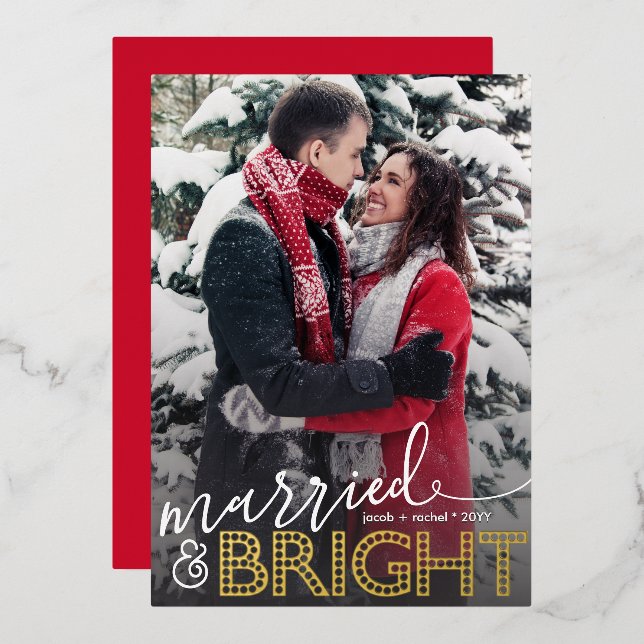 Married & BRIGHT Overlay Christmas Photo Foil Holiday Card (Front/Back)