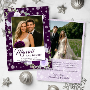 Married & Bright Purple Roses Festive Newlyweds Holiday Card