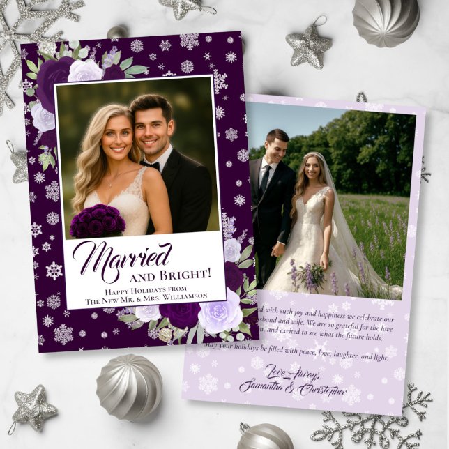 Married & Bright Purple Roses Festive Newlyweds Holiday Card (Front/Back)