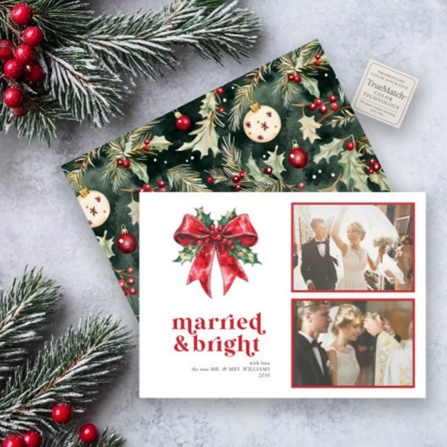 Married & Bright Red Bow Holly Newlywed 2 Photo Holiday Card (Creator Uploaded)