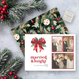 Married & Bright Red Bow Holly Newlywed 3 Photo Holiday Card