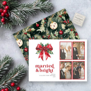 Married & Bright Red Bow Holly Newlywed 4 Photo Holiday Card