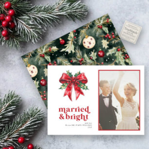 Married & Bright Red Bow Holly Newlywed Photo Holiday Card