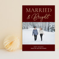 Married Bright Red Gold Script Photo Christmas