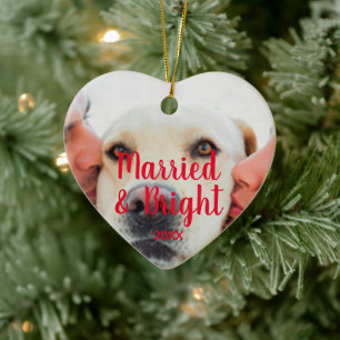 Married & bright red heart custom photo Christmas Ceramic Ornament