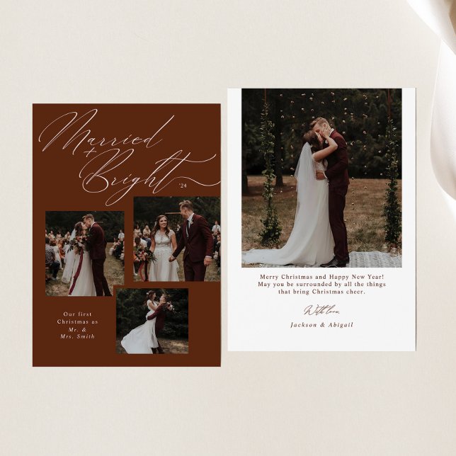Married & Bright Script Typography Christmas Photo Holiday Card (Creator Uploaded)