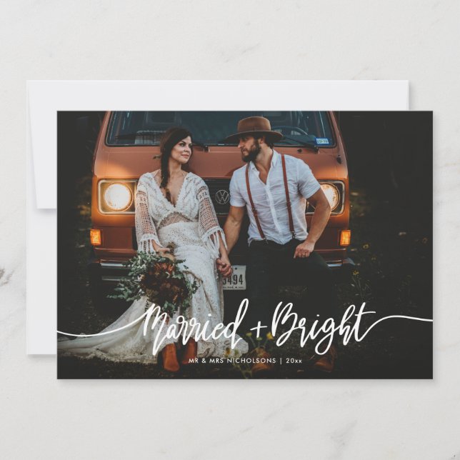 Married & Bright Script Wedding Couple Photo Holiday Card (Front)