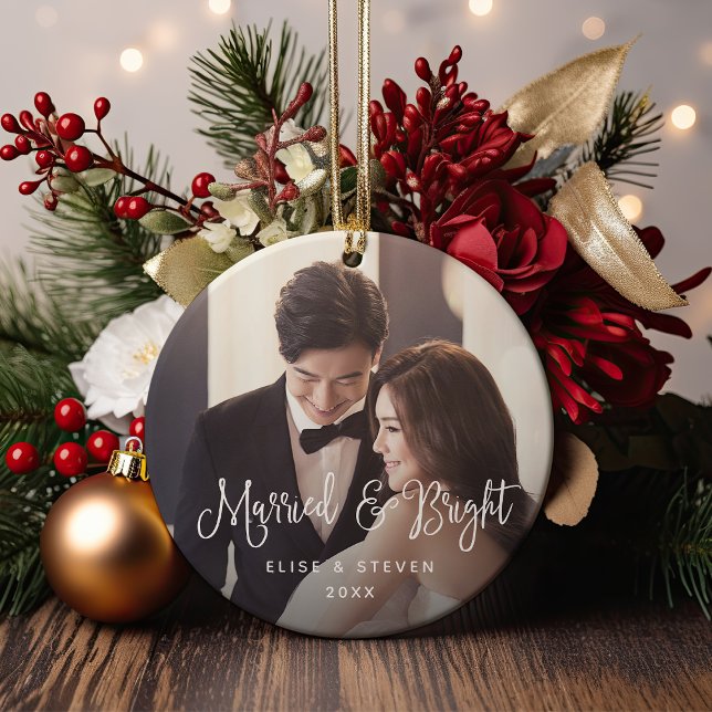 Married & Bright | Wedding Photo Ceramic Ornament (Creator Uploaded)