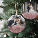 Married & Bright | Wedding Photo Christmas Ceramic Ornament<br><div class="desc">Elegant photo ornament for newlyweds features a favourite wedding photo on each side. "Married & bright" appears in white calligraphy script adorned with snowflakes on a romantic dusty rose gradient. Personalise with your names and wedding date or year on the reverse side. A beautiful keepsake for your first married Christmas....</div>