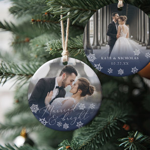 Married & Bright   Wedding Photo Christmas Ceramic Ornament