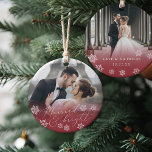 Married & Bright | Wedding Photo Christmas Ceramic Ornament<br><div class="desc">Elegant photo ornament for newlyweds features a favourite wedding photo on each side. "Married & bright" appears in white calligraphy script adorned with snowflakes on a cranberry red gradient. Personalise with your names and wedding date or year on the reverse side. A beautiful keepsake for your first married Christmas.</div>