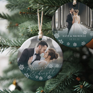 Married & Bright   Wedding Photo Christmas Ceramic Ornament