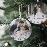 Married & Bright | Wedding Photo Christmas Ceramic Ornament<br><div class="desc">Elegant photo ornament for newlyweds features a favourite wedding photo on each side. "Married & bright" appears in black calligraphy script adorned with snowflakes on a white gradient overlay. Personalise with your names and wedding date or year on the reverse side. A beautiful keepsake for your first married Christmas.</div>