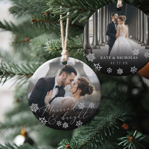 Married & Bright   Wedding Photo Christmas Ceramic Ornament