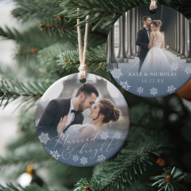 Married & Bright | Wedding Photo Christmas Ceramic Ornament (Creator Uploaded)