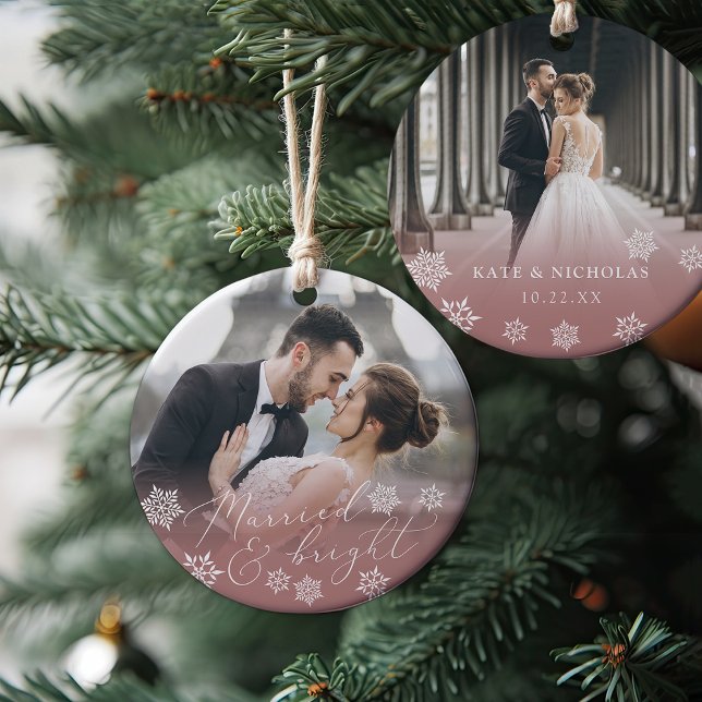 Married & Bright | Wedding Photo Christmas Ceramic Ornament (Creator Uploaded)